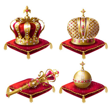 Golden royal crowns, scepter with gem stone and globus cruciger lying on  red  ceremonial pillow with tassels realistic vector illustrations set isolated on white background. Symbols of monarchy power
