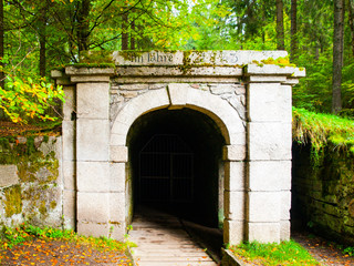 Lower entrance to tunnel of historical Schwarzenberg shipping canal, Sumava Mountains, Czech Republic.