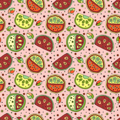 Seamless vector hand drawn childish pattern with fruits. Cute childlike watermelon with leaves, seeds, drops. Doodle, sketch, cartoon style background. Line drawing Endless repeat swatch