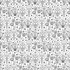 Vector hand drawn seamless pattern, decorative stylized childish trees. Doodle style, tribal graphic illustration. Ornamental cute hand drawing Series of doodle, cartoon, sketch seamless patterns
