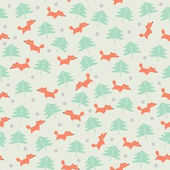 Fototapeta premium Cute seamless pattern with foxes and trees. Children's background.