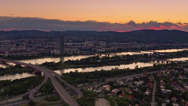 vienna skyline pan time lapse aerial view sunset to night