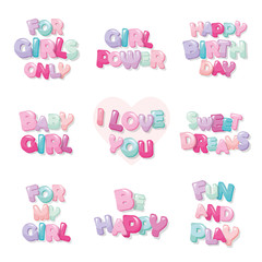 Cute inscription icons for girls. Cartoon glossy letters in pastel colors.