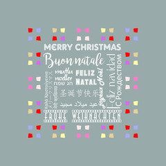 Colorful Christmas greeting card written in several languages like English,with moss green background