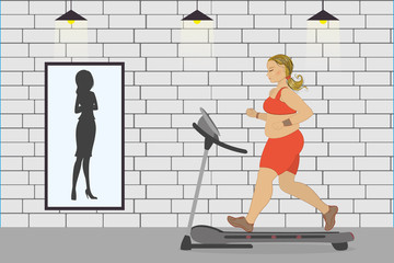 fat girl on a treadmill and silhouette of a thin woman in a mirror