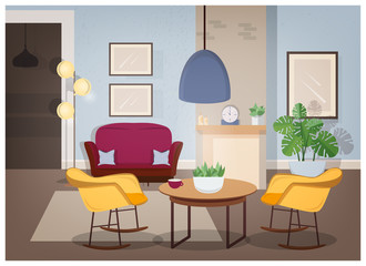Modern interior of living room with comfortable furniture and trendy home decorations - sofa, armchairs, carpet, coffee table, house plants, floor lamp, wall pictures. Colored vector illustration.