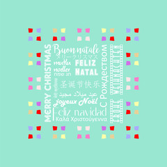 Colorful Christmas greeting card written in several languages like Italian, with sea green background