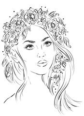Sketch of a beautiful girl with a wreath in her hair