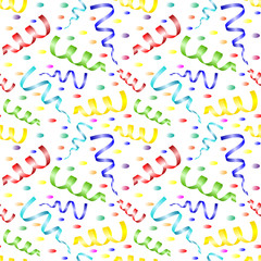 seamless pattern with streamers and confetti on a white background.