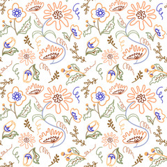 Seamless pattern with abstract flowers and leaves on a white background.