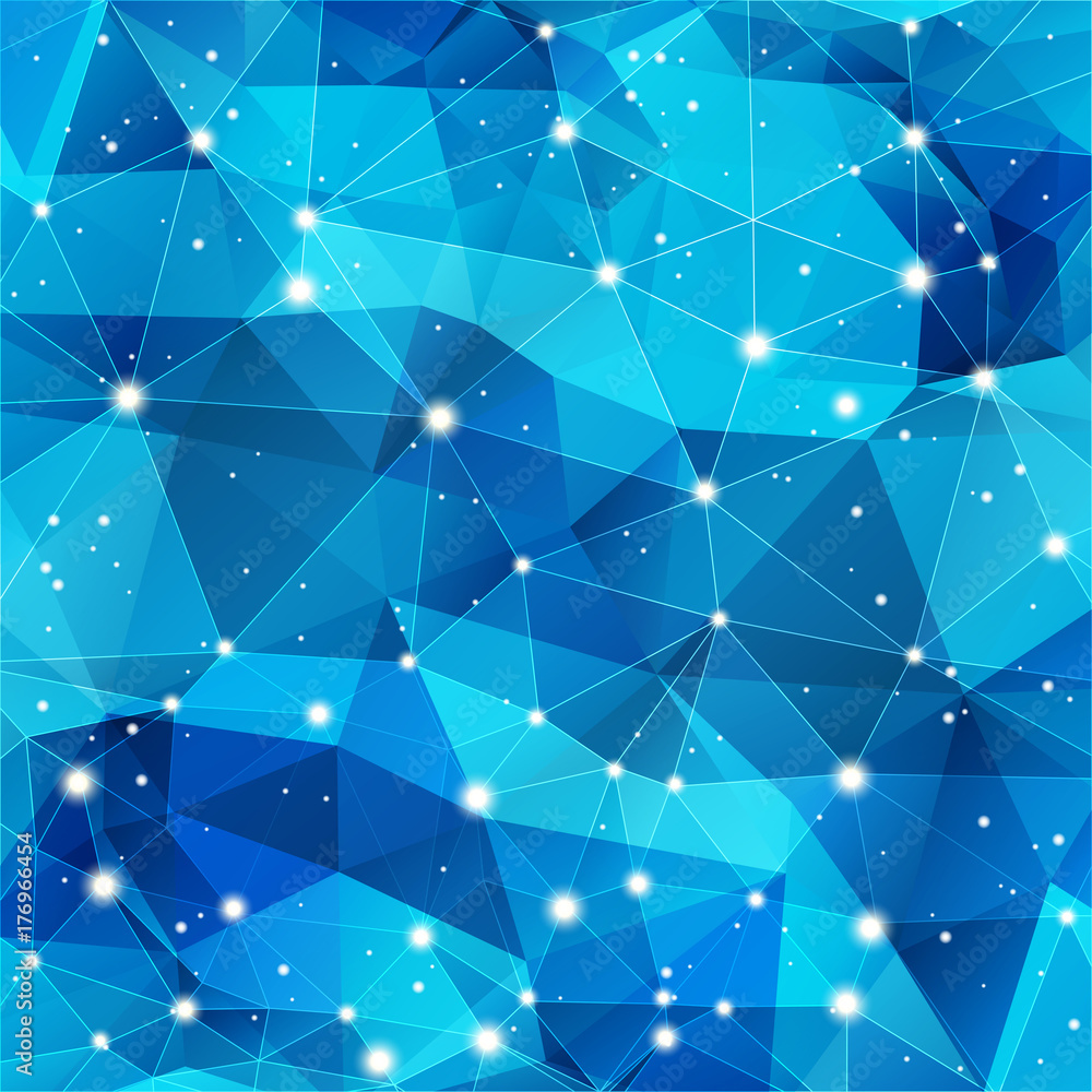 Poster blue polygonal background with triangles and glow. abstract colorful vector background with stars, l