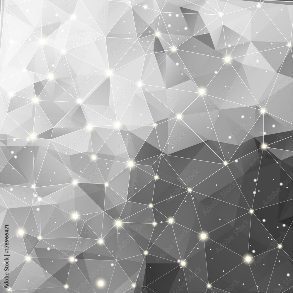 Poster gray polygonal background with triangles and glow. abstract monochrome vector background with stars,