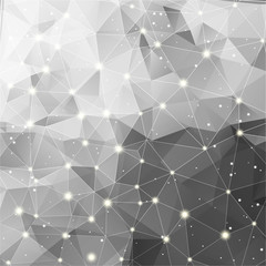 Gray polygonal background with triangles and glow. Abstract monochrome vector background with stars, lines, lights. Geometrical shapes