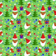 Seamless pattern with Christmas elements on a green background. Drawing Christmas hats, sweet canes, gifts, fireworks, mask, socks, bell, spruce.