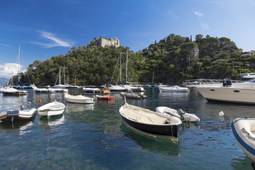 Fototapeta na wymiar Empty boats and yachts moored in Portofino