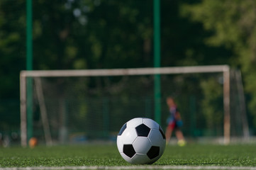 Traditional soccer ball on green grass playground.