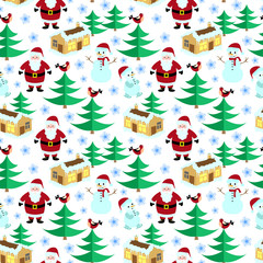 Seamless pattern. Christmas theme. House Santa, Christmas tree, snowman, bird, snowflake, Santa Claus 