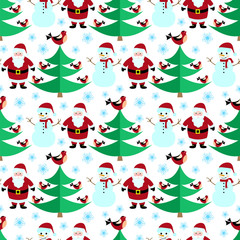 Seamless pattern. Christmas theme. Christmas tree, snowman, bird, snowflake, Santa Claus 