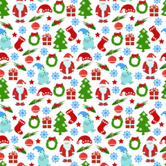 Seamless pattern. Christmas theme. Santa Claus, snowman, presents, Christmas tree on a white background.