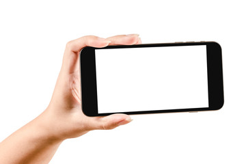 Close up hand holding black phone isolated on white background.