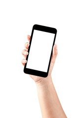 Fototapeta na wymiar Close up hand holding black phone isolated on white background.