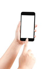 Close up hand holding black phone isolated on white background.