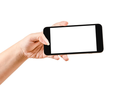 Close Up Hand Holding Black Phone Isolated On White Background.