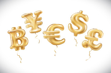 vector Gold dollar euro yen pound sterling bitcoin symbol alphabet balloons, money and currency, Golden number and letter balloon
