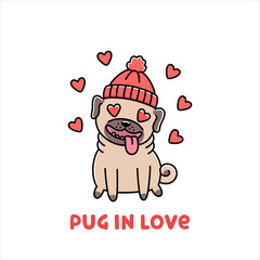 Сute dog breed pug in hat, in love. It can be used for sticker, patch, phone case, poster, t-shirt, mug and other design. Happy Valentine's day print.