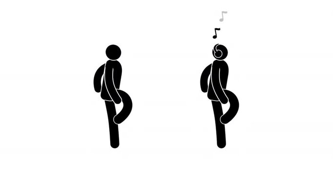 Happy pictogram man is dancing gait. Man walks with headphones listening to music. Walk cycle. 2d looped animation with alpha mask.