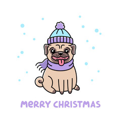 Сute dog breed pug in hat and scarf with snowflakes. Merry Christmas card. It can be used for sticker, patch, phone case, poster, t-shirt, mug and other design.