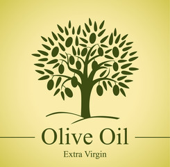 Obraz premium The logo for the company engaged olives oil. Sign olives tree on yellow background. Logo vector - abstract tree.