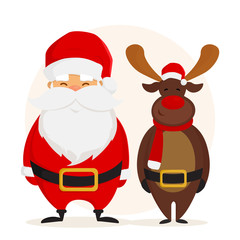 Funny Cartoon Santa Claus and Christmas deer. Vector illustration. Flat design.