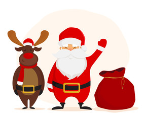 Funny Santa Claus with a gift bag and Christmas deer. Merry Christmas and Happy New Year design. Cute character design. Vector illustration.