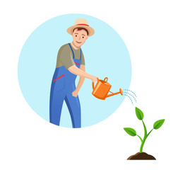 Gardener in circle on blue background. vector illustration Farmer with watering can in flat style.Gardener Man watering sprout.