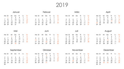 Kalender 2019 Jahresplaner Jahreskalender Kalendervorlage einfach  - obrazy, fototapety, plakaty