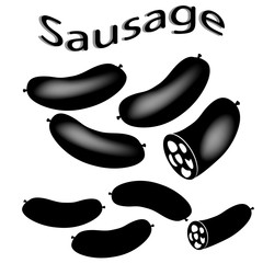 Sausage, small sausage,  flat black icon isolated on white background. Vector illustration. 