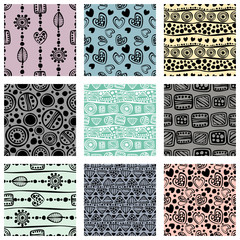 Set of seamless vector pattern. Colorful hand drawn endless background with ornamental decorative elements with ethnic, traditional, tribal motifes. Series of Hand Drawn Ornamental Seamless Patterns