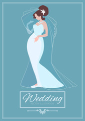 Wedding Invitation. Brunette Bride in Wedding Dress. Bridal Shower. Vector illustration