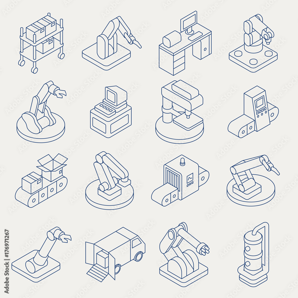 Poster automated production line vector isometric thin line icon set