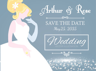 Wedding Invitation. Blonde Bride in Wedding Dress. Bridal Shower. Vector illustration