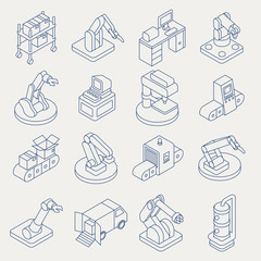 Automated production line vector isometric thin line icon set