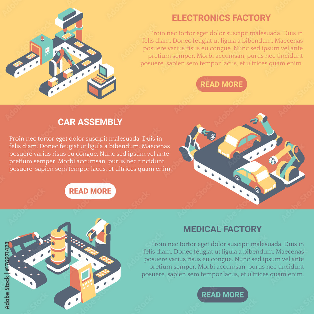 Poster factory automation concept vector flat isometric horizontal banner set