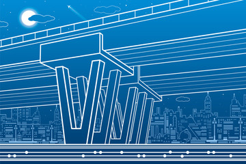 City architecture and infrastructure illustration, automotive overpass, big bridge, urban scene. Night town. White lines on blue background. Vector design art