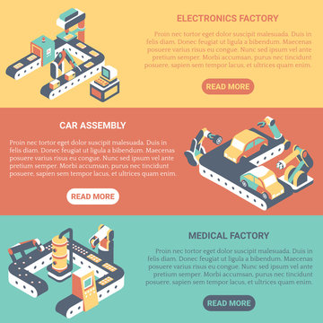 Factory automation concept vector flat isometric horizontal banner set