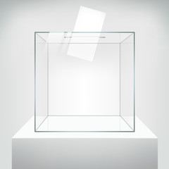 Transparent ballot box with voting paper in hole. Realistic vector 3D illustration on neutral background.
