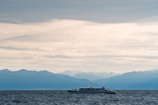 Passenger boat sails on Lake Baikal