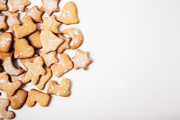 Gingerbreads on white background.Copy space.Top view.Flat lay.