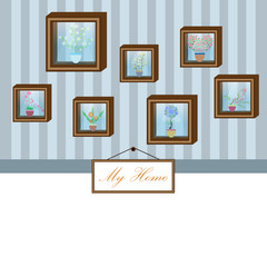 vector of wooden frame with flowerpot on blue wall