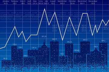 Vector business theme illustration. Night city and stock charts.